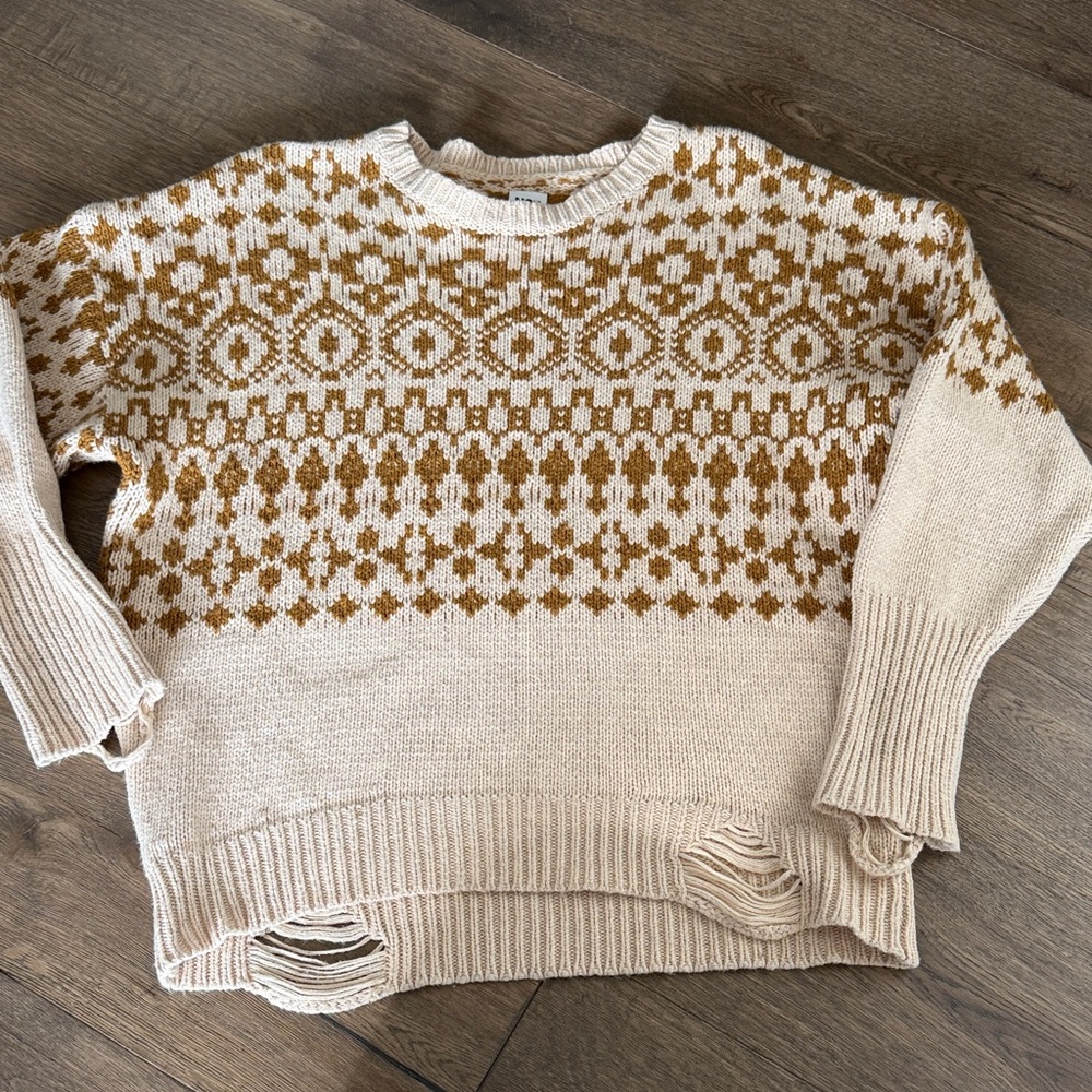 NSF Elsa Boyfriend Intarsia distressed merino wool cotton blend crewneck sweater